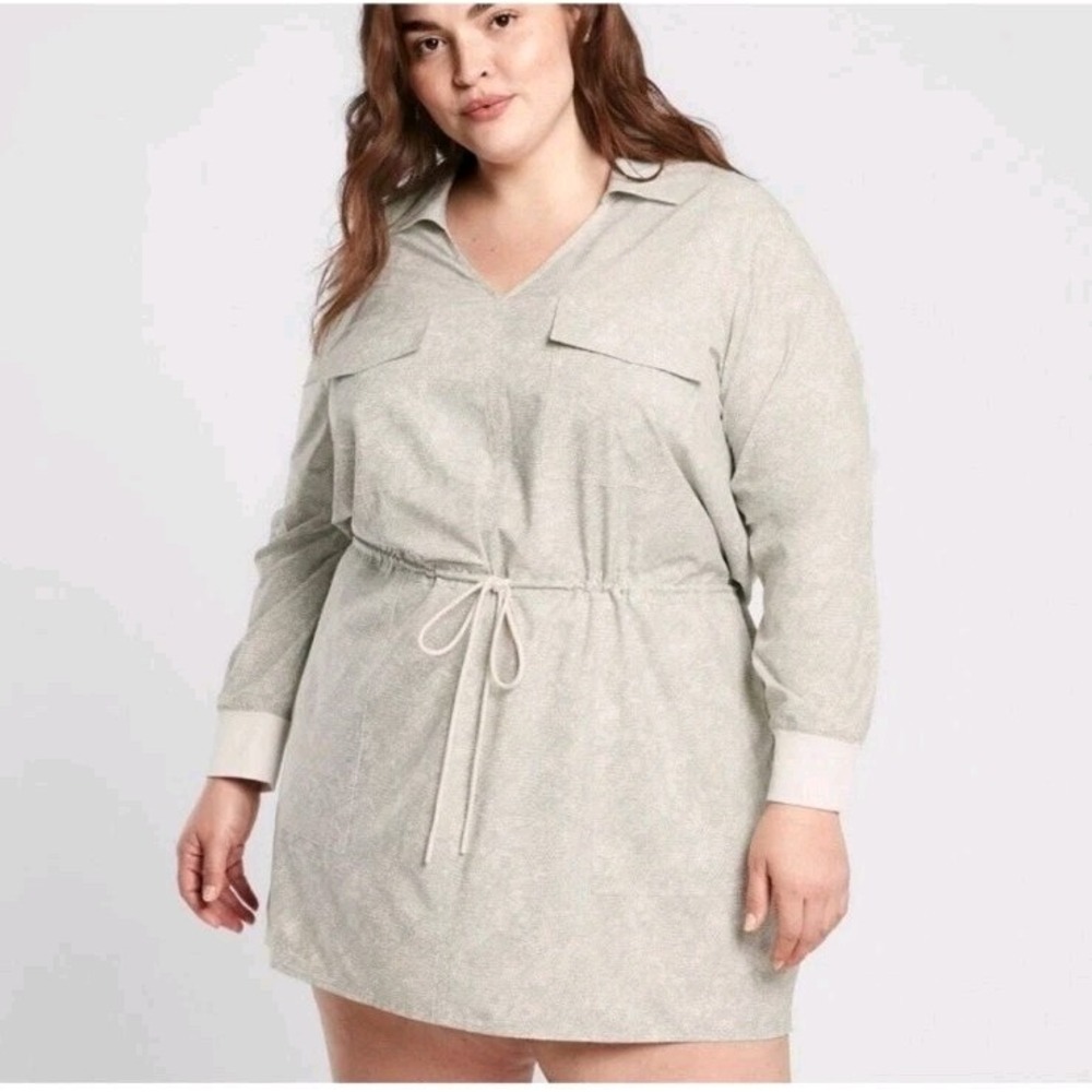 Athleta Beige Zuma Printed Athleisure Outdoor Long Sleeve Shirt Mini Dress Sz 1X